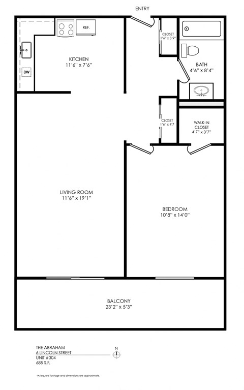 Floor plan for 1 bed, 1 bath, 650 sqft
